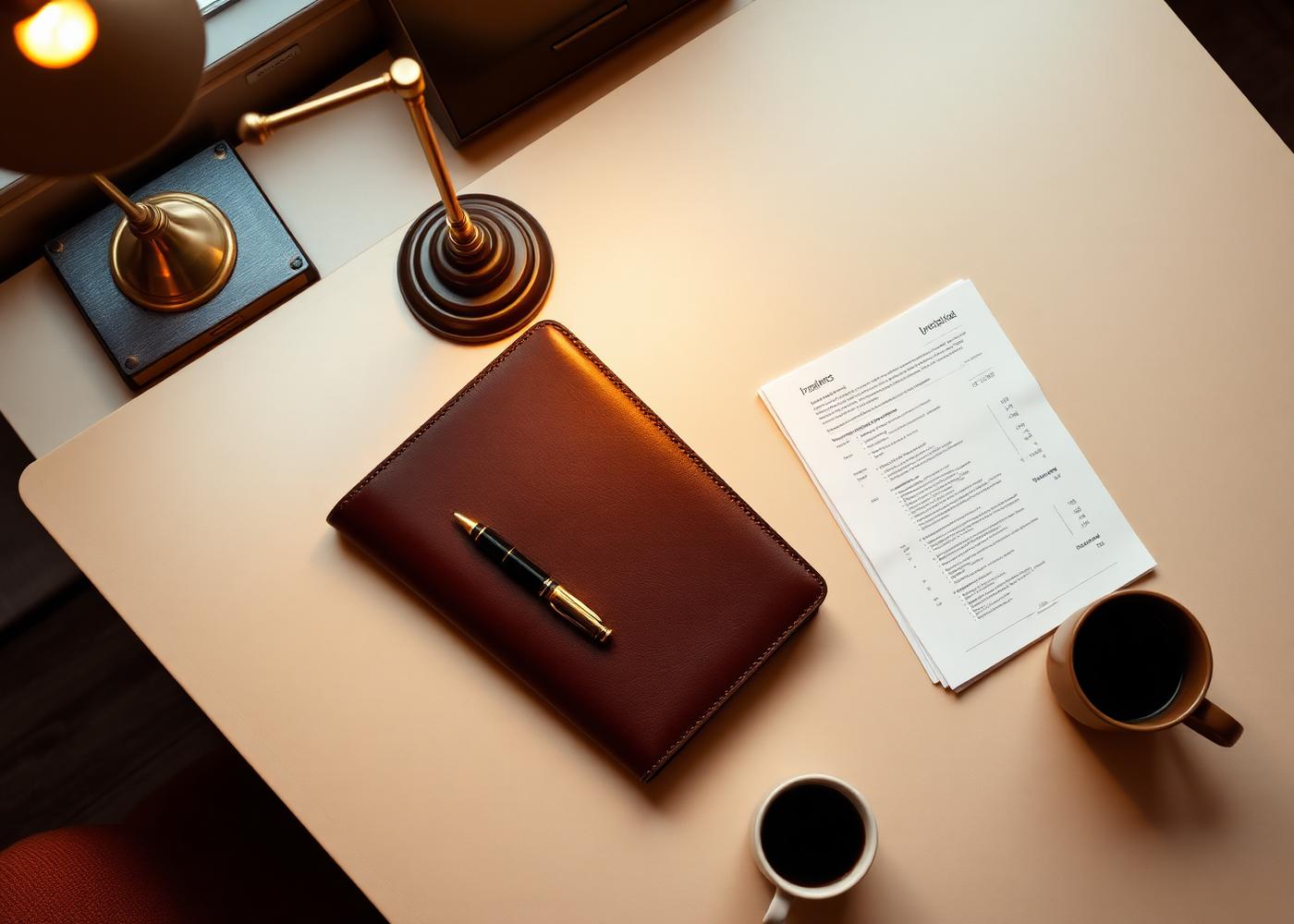 Boutique advisory desk with leather portfolio, brass lamp, and organized documents