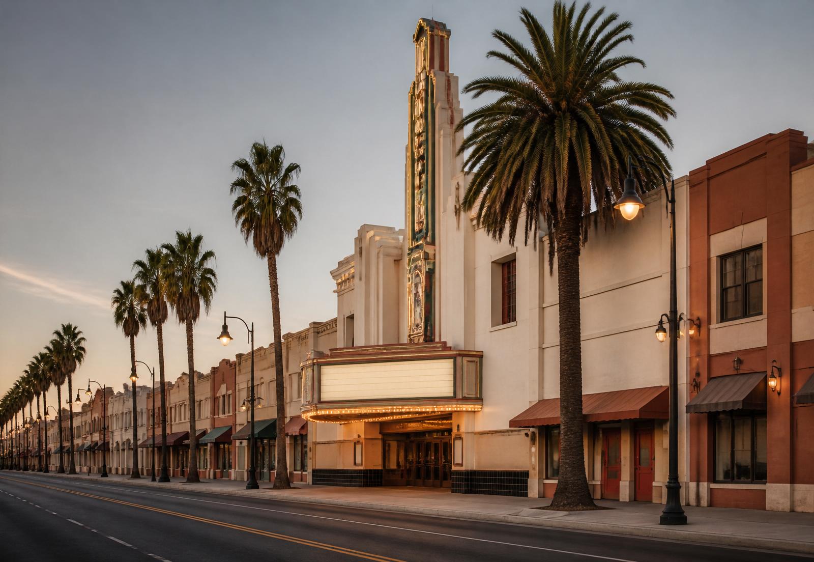 Historic North Hollywood theater marquee at dusk on a palm-lined Lankershim Boulevard